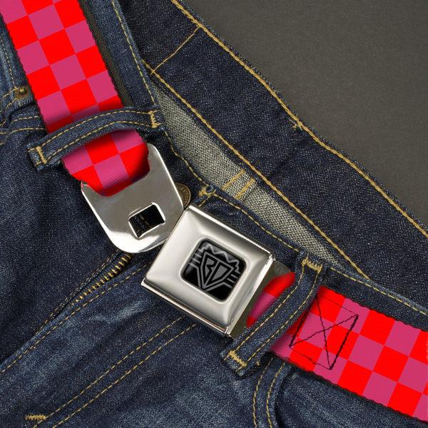 Buckle Down BD Wings Logo CLOSE-UP Black/Silver Seatbelt Belt - Checker Fluorescent Orange/Pink Webbing