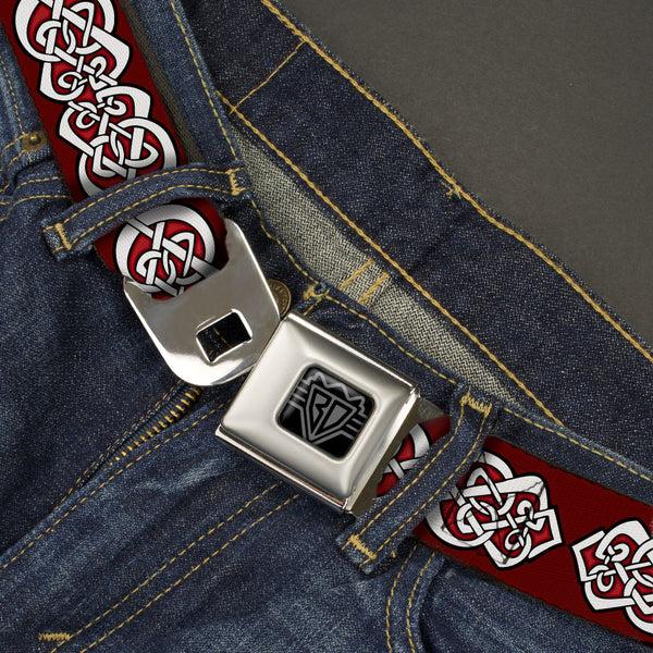Buckle Down BD Wings Logo CLOSE-UP Black/Silver Seatbelt Belt - Celtic Knot5 Reds/Black/White Webbing
