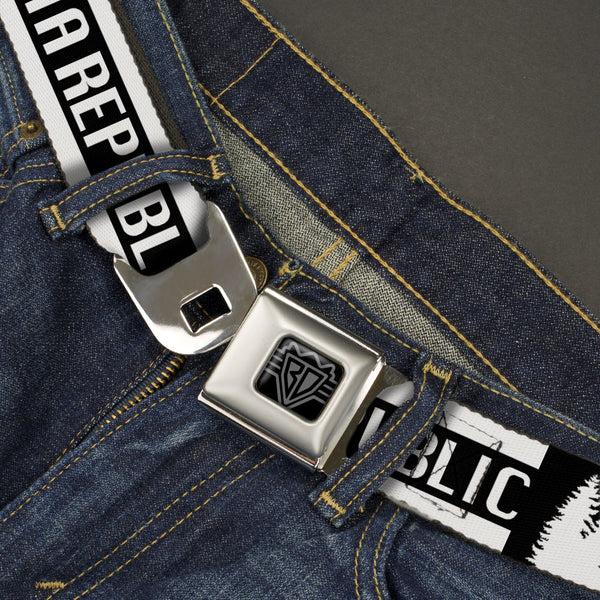 Buckle Down BD Wings Logo CLOSE-UP Black/Silver Seatbelt Belt - CALIFORNIA REPUBLIC/Bear/Stars Silhouette Black/White Webbing