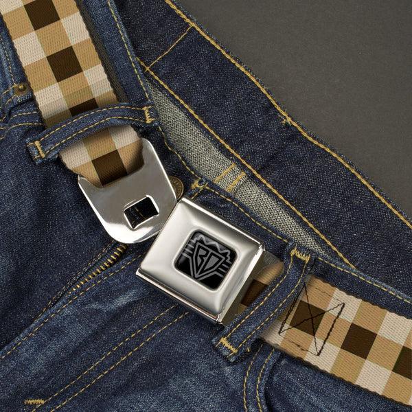 Buckle Down BD Wings Logo CLOSE-UP Black/Silver Seatbelt Belt - Buffalo Plaid Tans/Brown Webbing