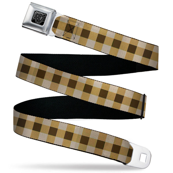 buckle down BD Wings Logo CLOSE-UP Black/Silver Seatbelt Belt - Buffalo Plaid Tans/Brown Webbing