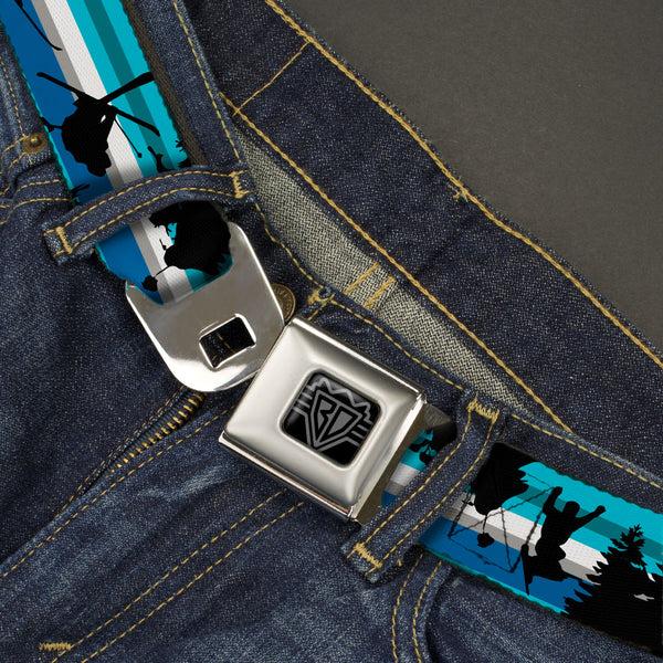 Buckle Down BD Wings Logo CLOSE-UP Black/Silver Seatbelt Belt - Action Ski Pose/Tree Silhouettes/Stripes Blues/Black Webbing