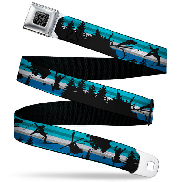 buckle down BD Wings Logo CLOSE-UP Black/Silver Seatbelt Belt - Action Ski Pose/Tree Silhouettes/Stripes Blues/Black Webbing