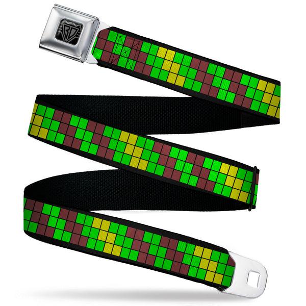 buckle down BD Wings Logo CLOSE-UP Black/Silver Seatbelt Belt - 8-Bit Pixel Step Stripe Black/Brown/Green/Yellow Webbing