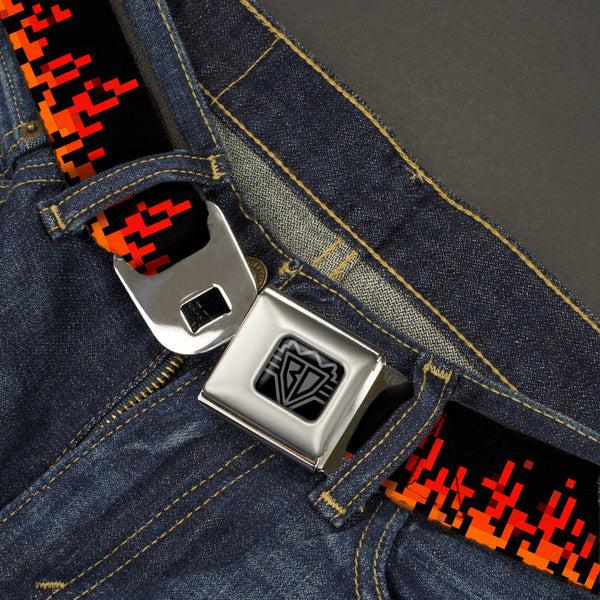 Buckle Down BD Wings Logo CLOSE-UP Black/Silver Seatbelt Belt - 8-Bit Pixel Flames Black/Oranges/Reds Webbing