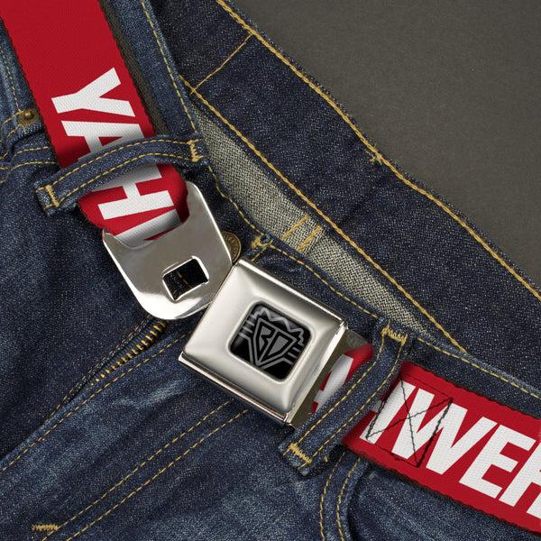 Buckle Down BD Wings Logo CLOSE-UP Black/Silver Seatbelt Belt - YAHWEH Text Red/White Webbing