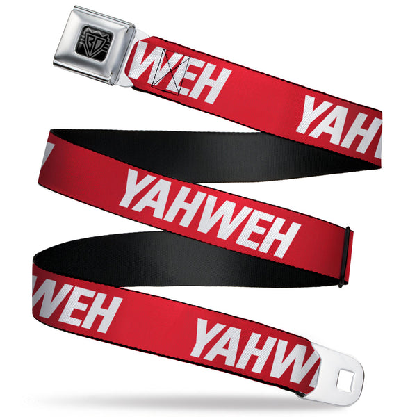 buckle down BD Wings Logo CLOSE-UP Black/Silver Seatbelt Belt - YAHWEH Text Red/White Webbing