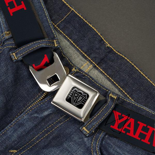 Buckle Down BD Wings Logo CLOSE-UP Black/Silver Seatbelt Belt - YAHWEH Text Navy Blue/Red Webbing