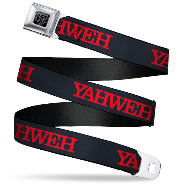 buckle down BD Wings Logo CLOSE-UP Black/Silver Seatbelt Belt - YAHWEH Text Navy Blue/Red Webbing
