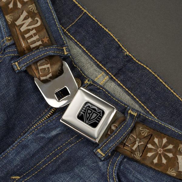 Buckle Down BD Wings Logo CLOSE-UP Black/Silver Seatbelt Belt - Western WHISKEY Star With Text Shadow Repeat Browns/Tan Webbing