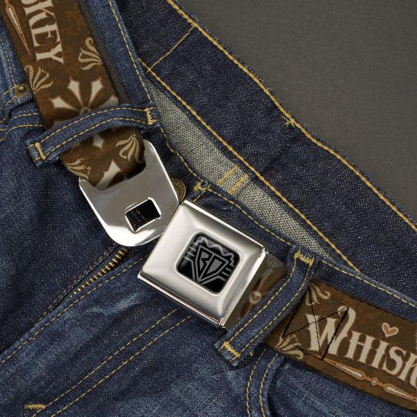 Buckle Down BD Wings Logo CLOSE-UP Black/Silver Seatbelt Belt - Western WHISKEY Heart Repeat Browns/Tan Webbing