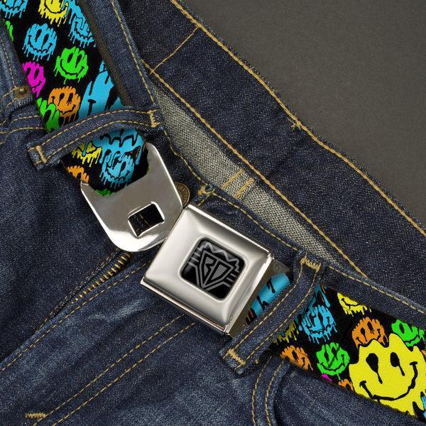 Buckle Down BD Wings Logo CLOSE-UP Black/Silver Seatbelt Belt - Smiley Faces Melted Stacked Black/Multi Neon Webbing