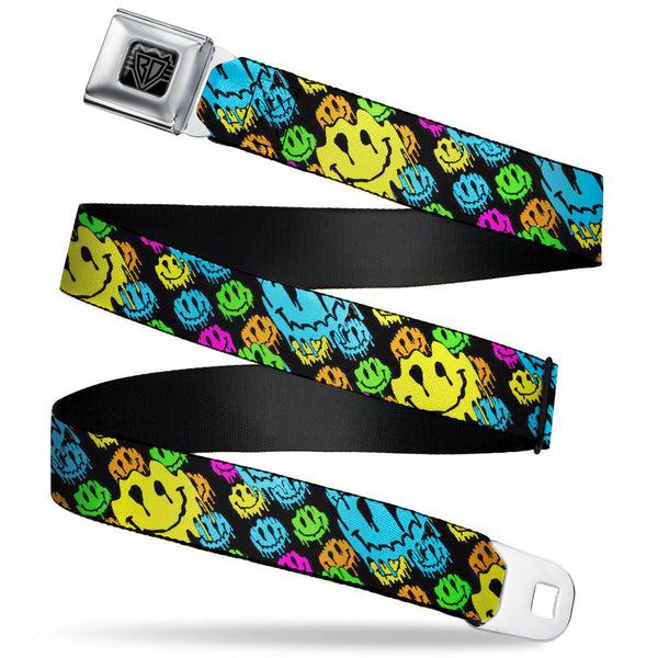 buckle down BD Wings Logo CLOSE-UP Black/Silver Seatbelt Belt - Smiley Faces Melted Stacked Black/Multi Neon Webbing