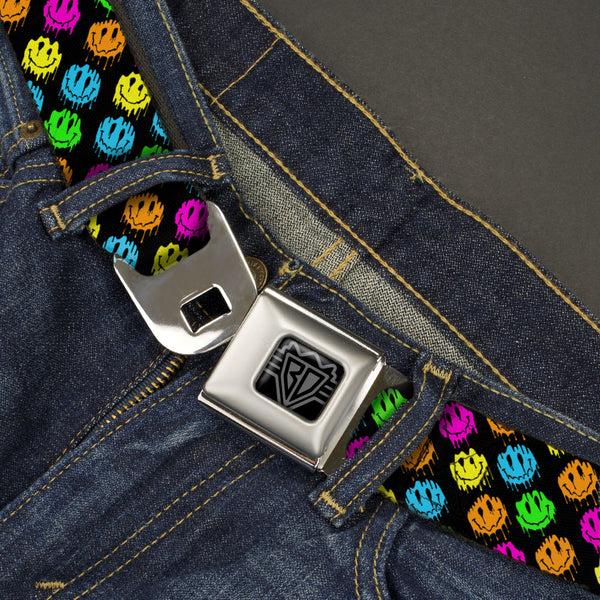 Buckle Down BD Wings Logo CLOSE-UP Black/Silver Seatbelt Belt - Smiley Faces Melted Mini Repeat Angle Black/Multi Neon Webbing