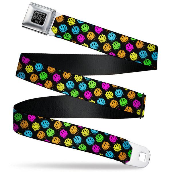 buckle down BD Wings Logo CLOSE-UP Black/Silver Seatbelt Belt - Smiley Faces Melted Mini Repeat Angle Black/Multi Neon Webbing