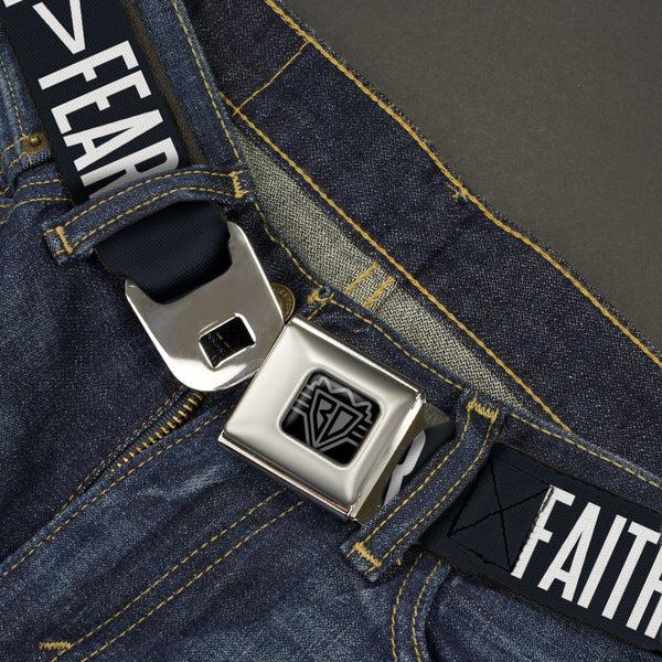 Buckle Down BD Wings Logo CLOSE-UP Black/Silver Seatbelt Belt - FAITH Greater Than FEAR Navy Blue/White Webbing