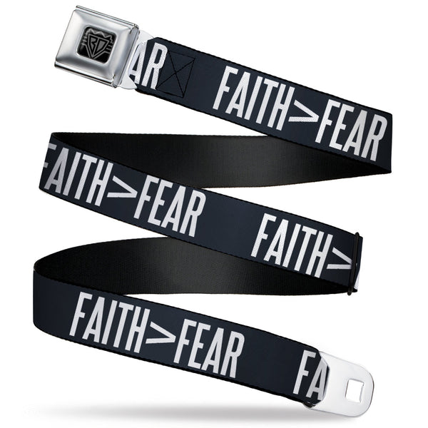 buckle down BD Wings Logo CLOSE-UP Black/Silver Seatbelt Belt - FAITH Greater Than FEAR Navy Blue/White Webbing