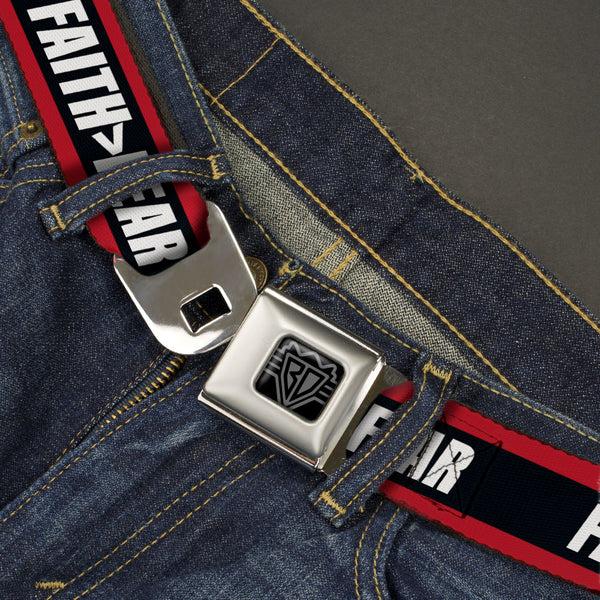 Buckle Down BD Wings Logo CLOSE-UP Black/Silver Seatbelt Belt - FAITH Greater Than FEAR Stripe Red/Black/White Webbing