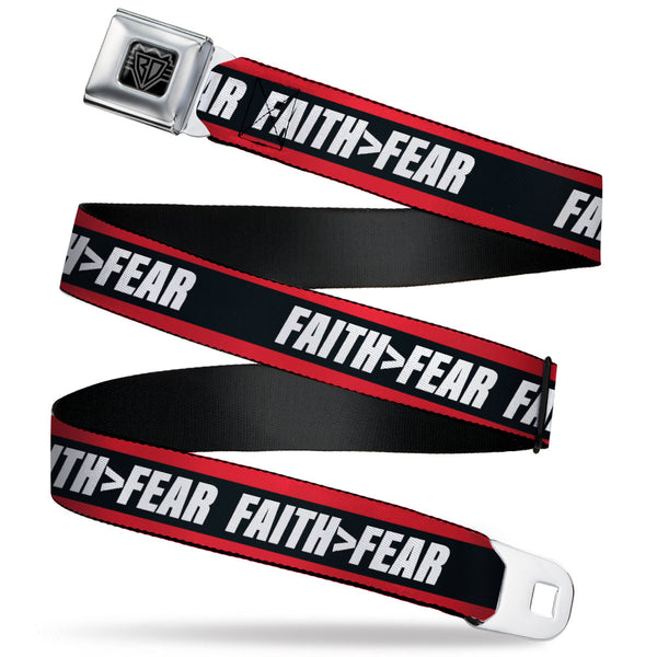 buckle down BD Wings Logo CLOSE-UP Black/Silver Seatbelt Belt - FAITH Greater Than FEAR Stripe Red/Black/White Webbing