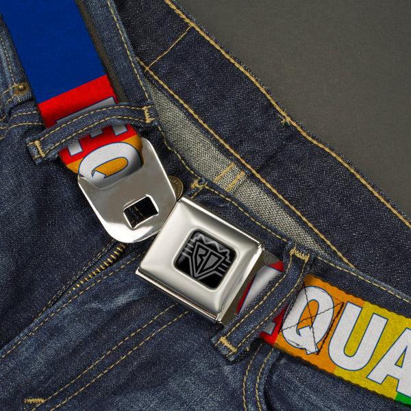 Buckle Down BD Wings Logo CLOSE-UP Black/Silver Seatbelt Belt - EQUALITY Blocks Rainbow/Blue/White Webbing