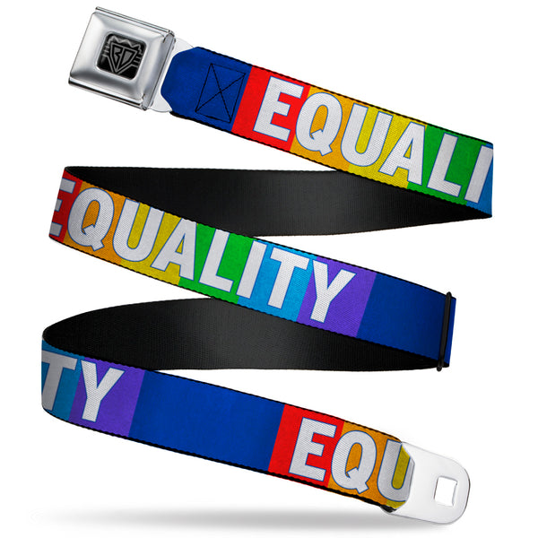 buckle down BD Wings Logo CLOSE-UP Black/Silver Seatbelt Belt - EQUALITY Blocks Rainbow/Blue/White Webbing