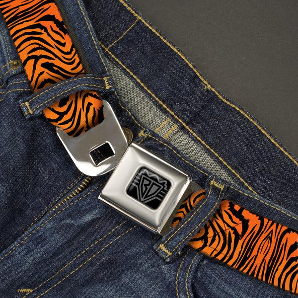 Buckle Down BD Wings Logo CLOSE-UP Black/Silver Seatbelt Belt - Tiger2 Orange/Black Webbing