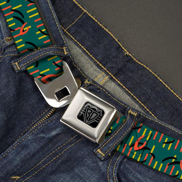 Buckle Down BD Wings Logo CLOSE-UP Black/Silver Seatbelt Belt - MCO Orlando International Airport Carpet Teal/Orange/Yellow/Black Webbing