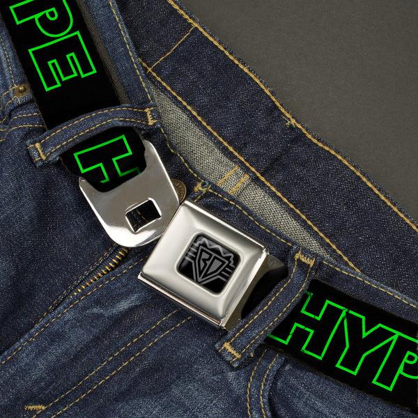 Buckle Down BD Wings Logo CLOSE-UP Black/Silver Seatbelt Belt - HYPE Outline Black/Neon Green Webbing