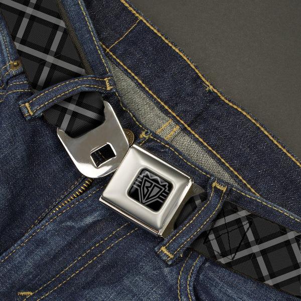 Buckle Down BD Wings Logo CLOSE-UP Black/Silver Seatbelt Belt - Buffalo Plaid X Charcoal/Black/Gray Webbing