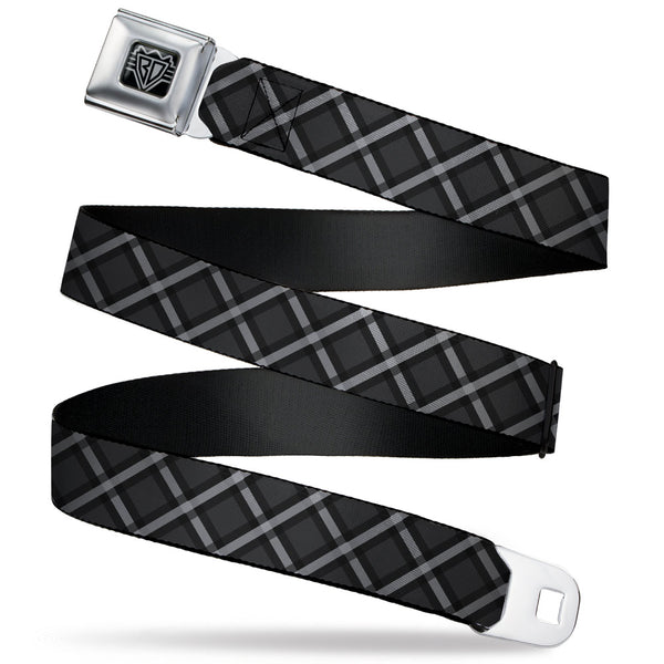 buckle down BD Wings Logo CLOSE-UP Black/Silver Seatbelt Belt - Buffalo Plaid X Charcoal/Black/Gray Webbing