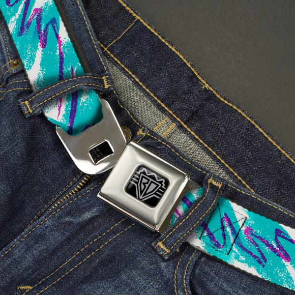 Buckle Down BD Wings Logo CLOSE-UP Black/Silver Seatbelt Belt - Jazzy Wave Scribble White/Teal/Purple Webbing