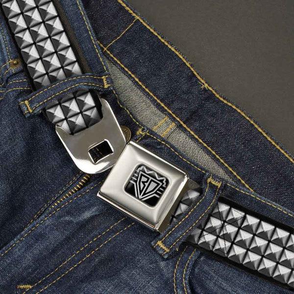 Buckle Down BD Wings Logo CLOSE-UP Black/Silver Seatbelt Belt - Printed Studs Webbing