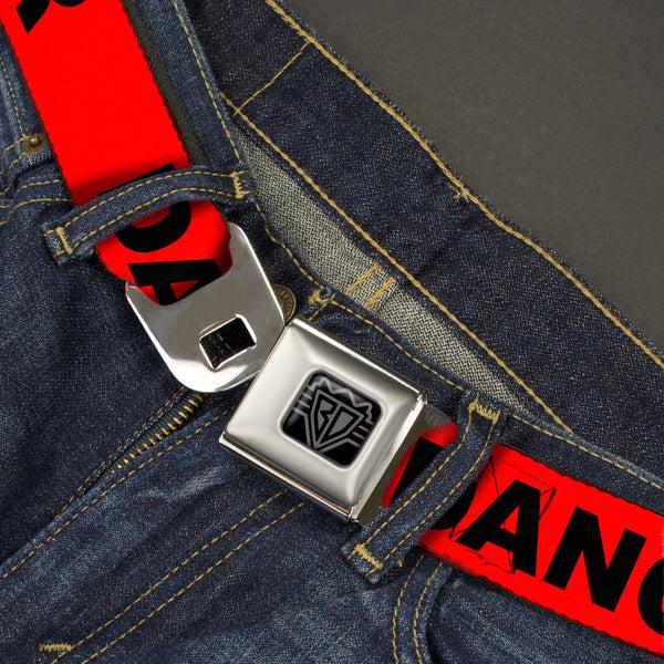 Buckle Down BD Wings Logo CLOSE-UP Black/Silver Seatbelt Belt - DANGER Text Red/Black Webbing
