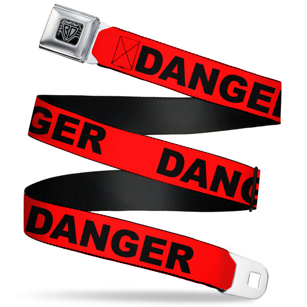 buckle down BD Wings Logo CLOSE-UP Black/Silver Seatbelt Belt - DANGER Text Red/Black Webbing