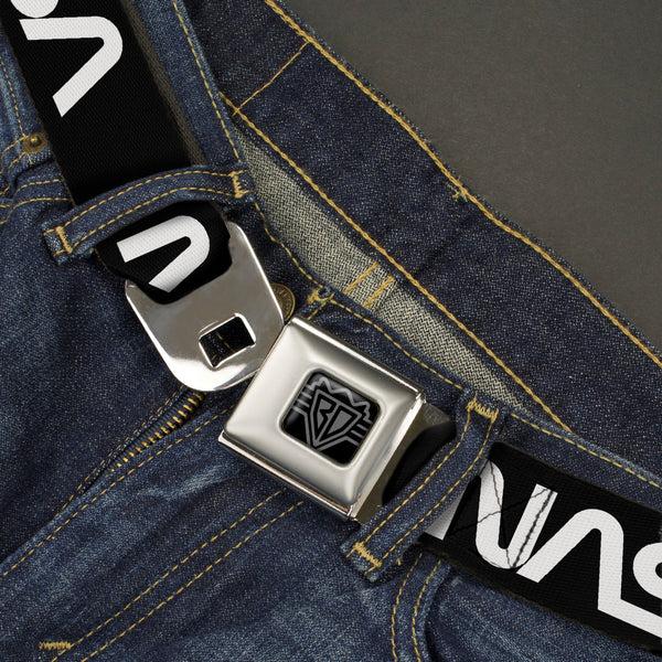 Buckle Down BD Wings Logo CLOSE-UP Black/Silver Seatbelt Belt - NASA Text Black/White Webbing