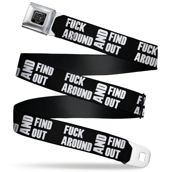buckle down BD Wings Logo CLOSE-UP Black/Silver Seatbelt Belt - FAFO FUCK AROUND AND FIND OUT Bold Black/White Webbing