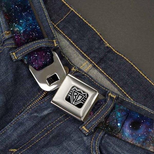 Buckle Down BD Wings Logo CLOSE-UP Full Color Black Silver Seatbelt Belt - Galaxy Collage Webbing