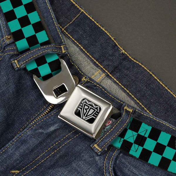 Buckle Down BD Wings Logo CLOSE-UP Full Color Black Silver Seatbelt Belt - Checker Black/Teal Webbing