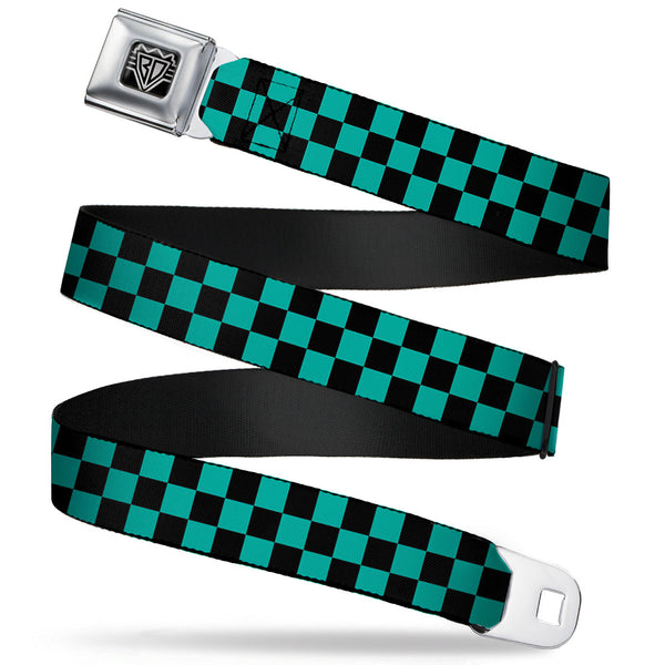 buckle down BD Wings Logo CLOSE-UP Full Color Black Silver Seatbelt Belt - Checker Black/Teal Webbing