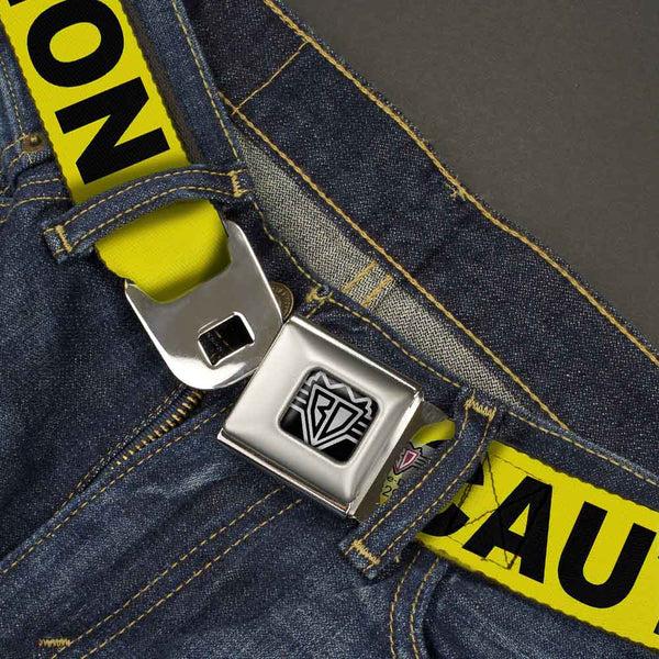 Buckle Down BD Wings Logo CLOSE-UP Full Color Black Silver Seatbelt Belt - CAUTION Yellow/Black Webbing