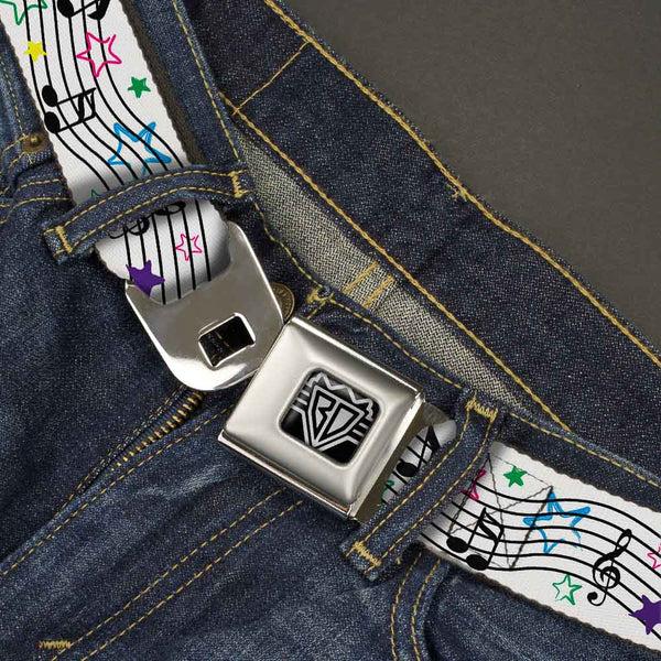 Buckle Down BD Wings Logo CLOSE-UP Full Color Black Silver Seatbelt Belt - Music Notes Stars White/Black/Multi Color Webbing