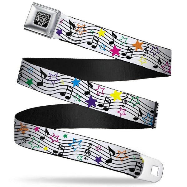 buckle down BD Wings Logo CLOSE-UP Full Color Black Silver Seatbelt Belt - Music Notes Stars White/Black/Multi Color Webbing