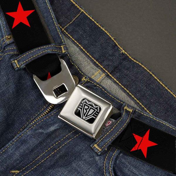 Buckle Down BD Wings Logo CLOSE-UP Full Color Black Silver Seatbelt Belt - Star Black/Red Webbing