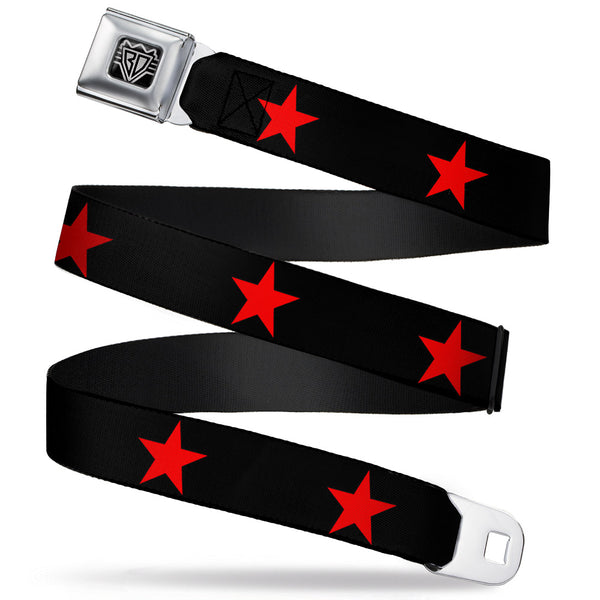 buckle down BD Wings Logo CLOSE-UP Full Color Black Silver Seatbelt Belt - Star Black/Red Webbing