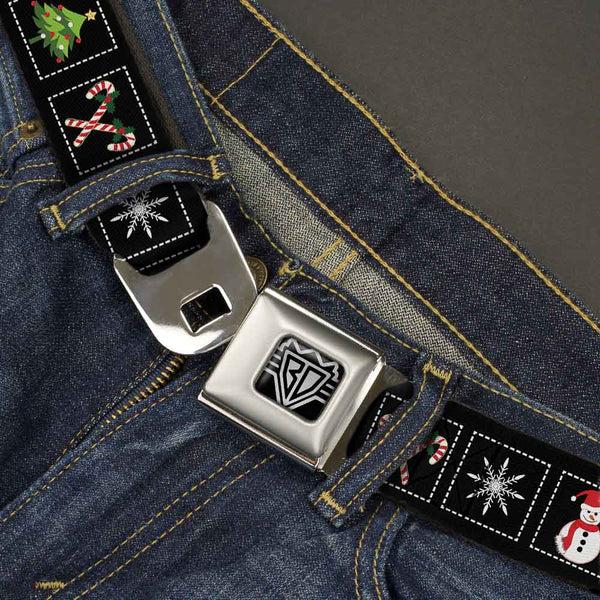 Buckle Down BD Wings Logo CLOSE-UP Full Color Black Silver Seatbelt Belt - Christmas Blocks Black/White/Multi Color Webbing