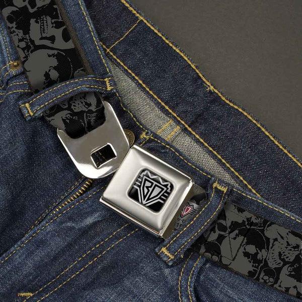 Buckle Down BD Wings Logo CLOSE-UP Full Color Black Silver Seatbelt Belt - Skull Pile Black/Gray Webbing