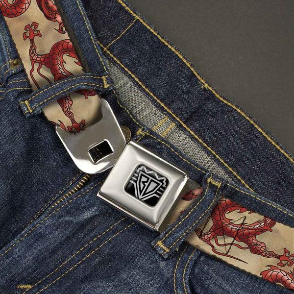 Buckle Down BD Wings Logo CLOSE-UP Full Color Black Silver Seatbelt Belt - Dragons Tan Webbing