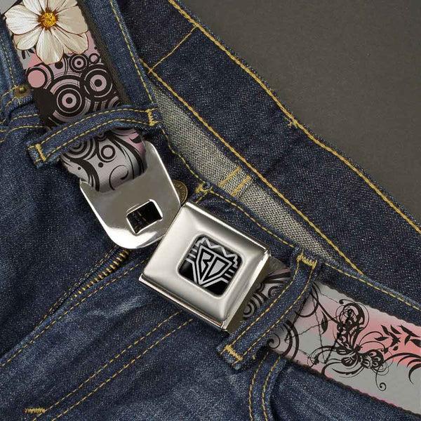 Buckle Down BD Wings Logo CLOSE-UP Full Color Black Silver Seatbelt Belt - Flowers W/Filigree Pink Webbing