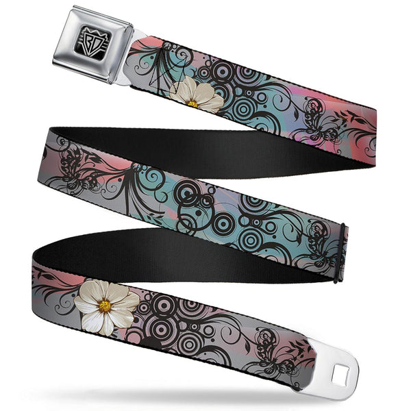 buckle down BD Wings Logo CLOSE-UP Full Color Black Silver Seatbelt Belt - Flowers w/Filigree Pink Webbing