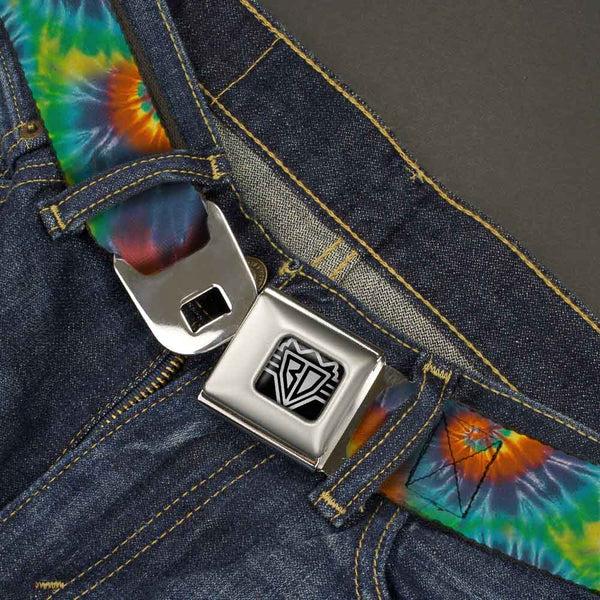 Buckle Down BD Wings Logo CLOSE-UP Full Color Black Silver Seatbelt Belt - Tie Dye Swirl Multi Color Webbing